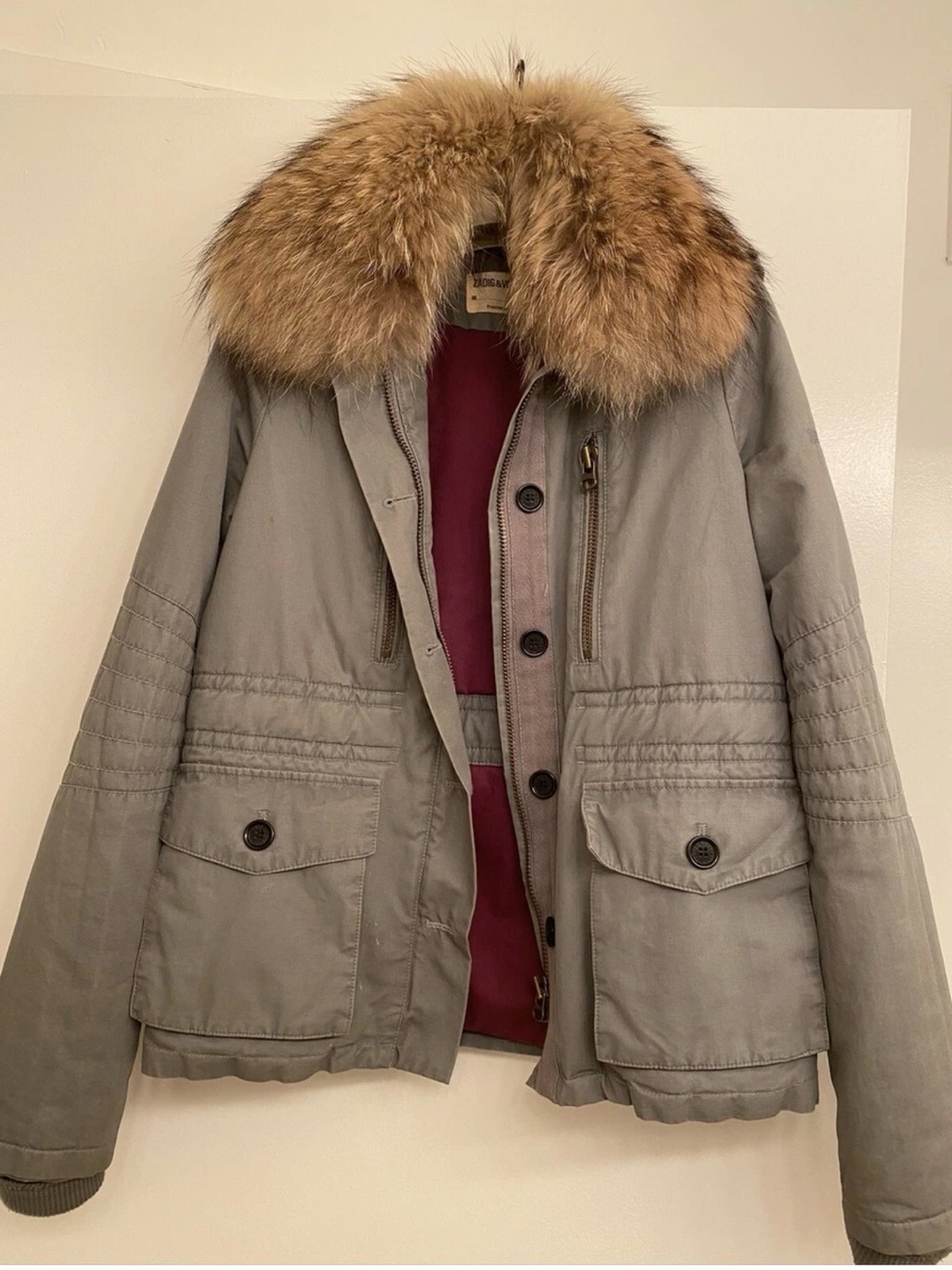 zadig & Voltaire Army Olive Green Cargo Kassi jacket Raccoon Fur Collar size XS